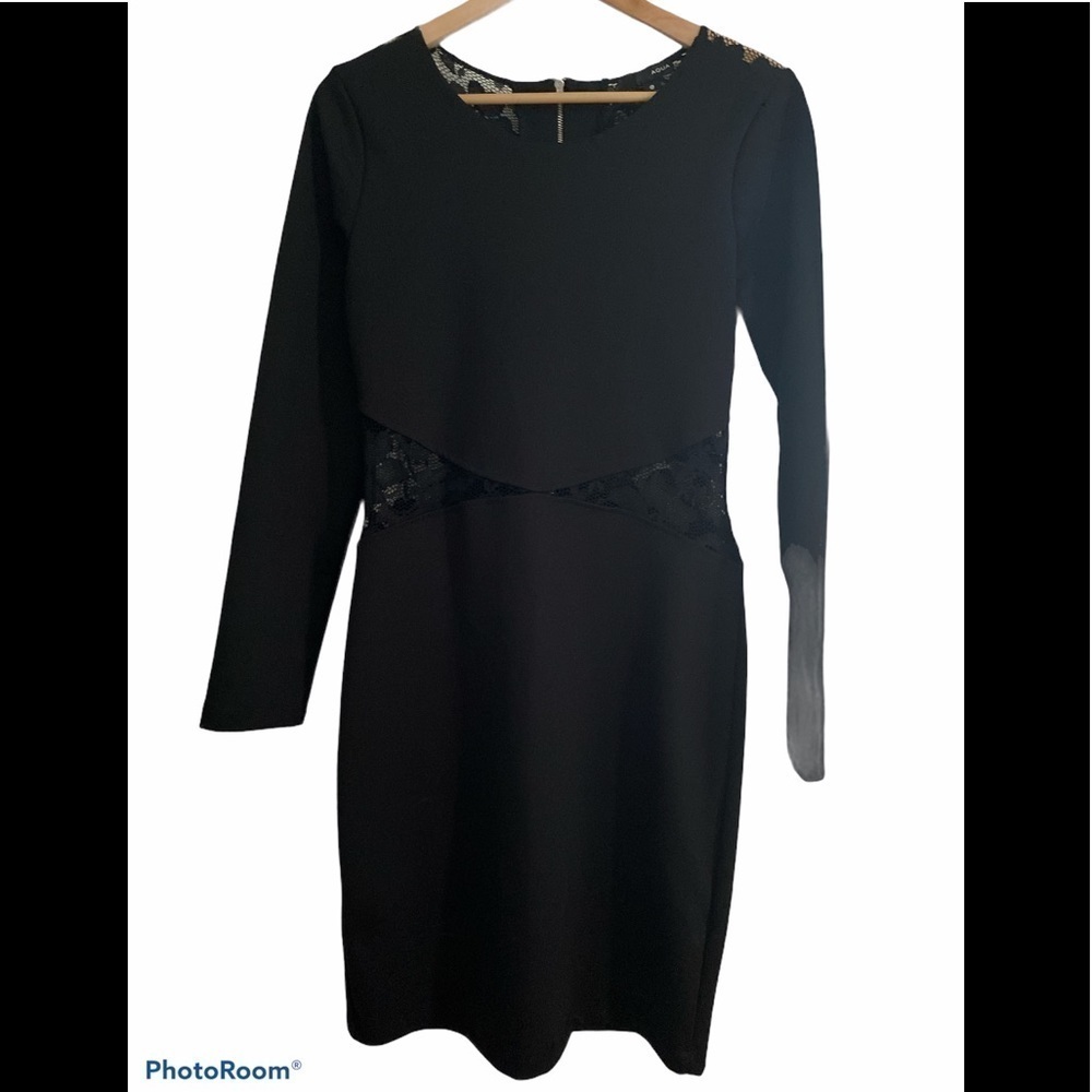 AQUA Bodycon Black Lace Panel Midi Dress - Large